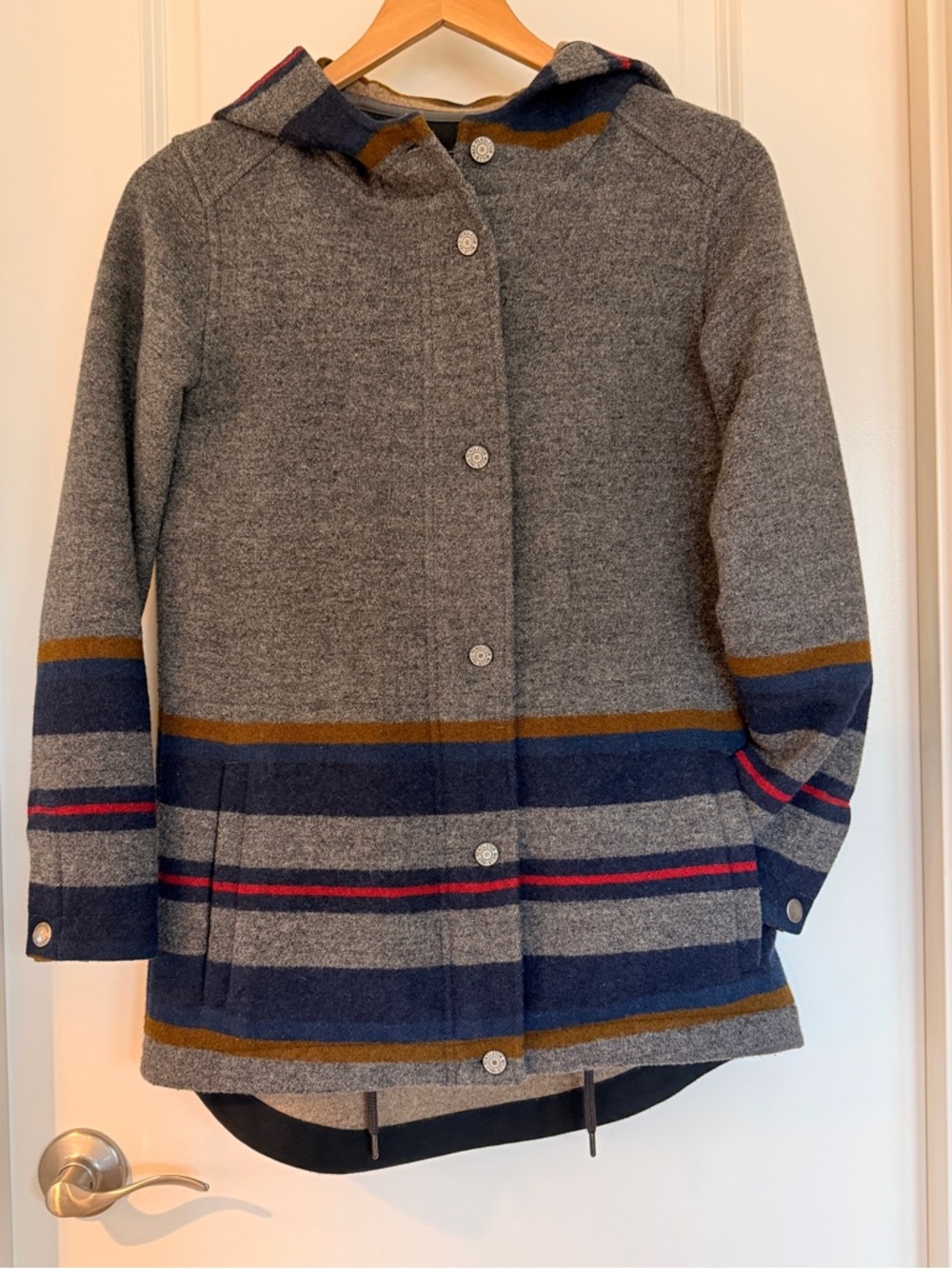 Pendleton Yakima Camp Stripe Wool Hooded Parka with Zipper, Buttons, & Pockets